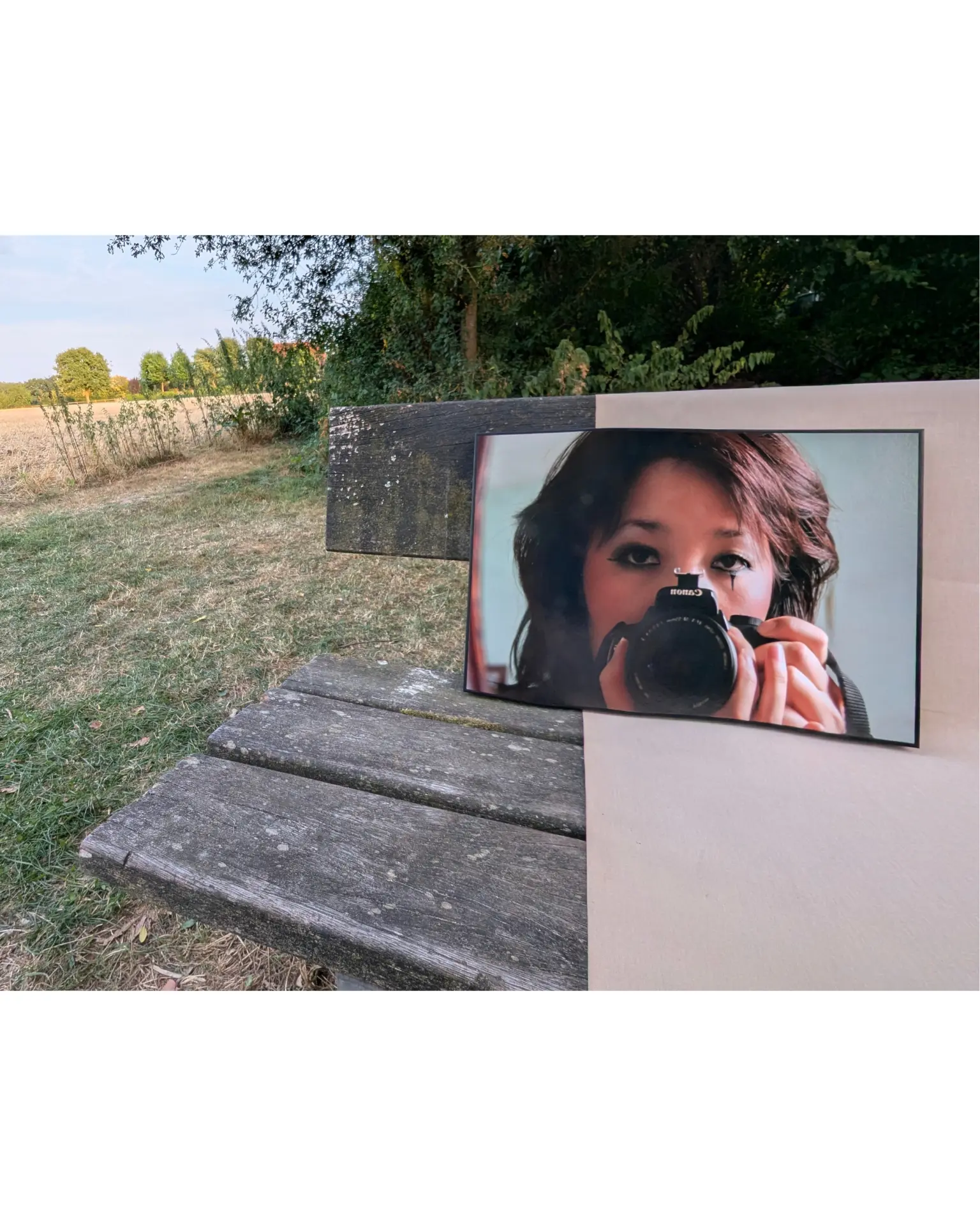 Camera Girl — framed print shown outdoors for scale